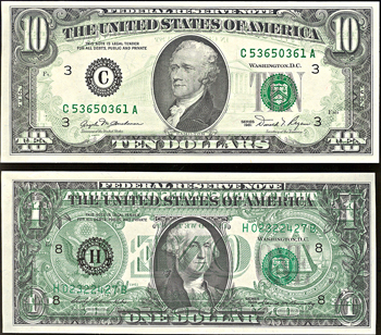 1969-A $1 FRN St. Louis, and a 1981 $10 FRN Philadelphia, with major offset printing error.