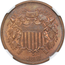 1868 two-cent piece NGC UNC details/improperly cleaned, and an 1890 Indian cent, NGC Proof details/altered color.