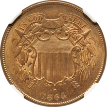 1864 Large Motto NGC MS-64 RB, and an 1869 NGC MS-63 RB.