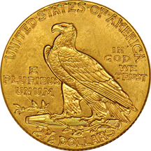 Eight U.S. gold type coins.