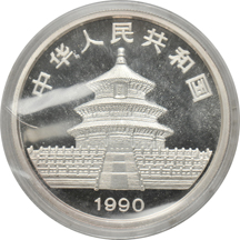 China - Uncut sheet of ten 1990 small date 1oz silver Panda coins, 10 Yuan.