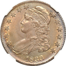 1833 Bust half-dollar, plus a 1917-D Walking Liberty half-dollar in NGC details holders.