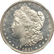 Five different Morgan dollars, as described.