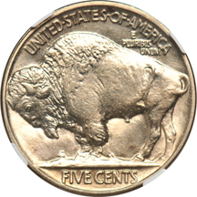 Two Buffalo nickels and a full-head Standing Liberty quarter, all NGC MS-64.