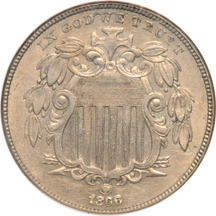 Five nickel type coins.