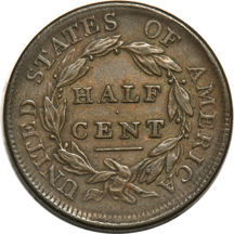 Pair of half-cents and a twenty-cent piece, all with Kraft envelopes.