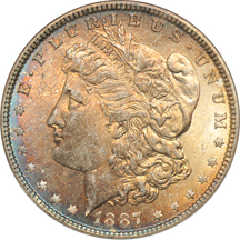 Two Buffalo nickels and a Morgan dollar, all ANACS MS-63.