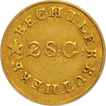 C Bechtler Gold $1 (Kagin-4), N Reversed. PCGS AU-55.