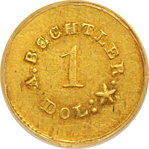 A Bechtler Gold $1 (Kagin-24), 27 grain, 21 carat. PCGS AU-58.