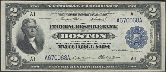 1918 $2 Boston PMG VF-30.