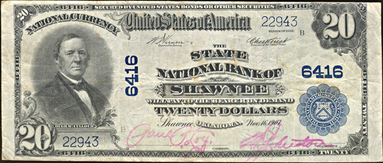 1902 $20 Shawnee, OK Charter# 6416 Blue Seal. VF.