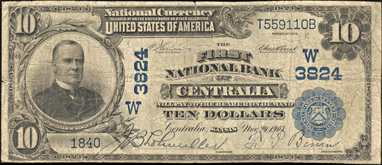 1902 $10 Centralia, KS Charter# 3824 Blue Seal. F.