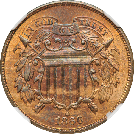 1866 Two-cent piece, and a 1908-D Barber quarter, NGC MS-63 RD and MS-63.