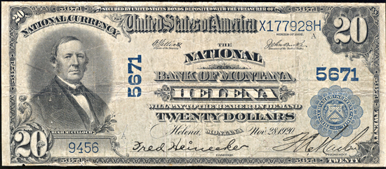 1902 $20 Helena, MT Charter# 5671 Blue Seal. F.