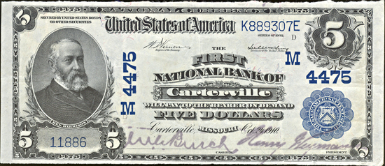 1902 $5 Carterville, MO Charter# 4475 Blue Seal. XF.