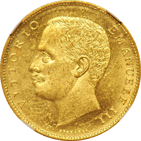 Italy - 1905-R gold 20-Lire NGC MS-62.