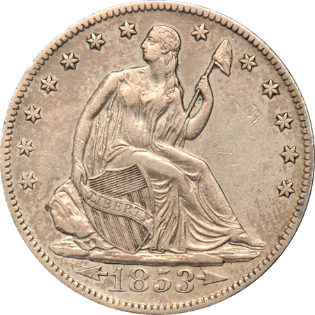 1853 half-dime, quarter, and half-dollar, as described.