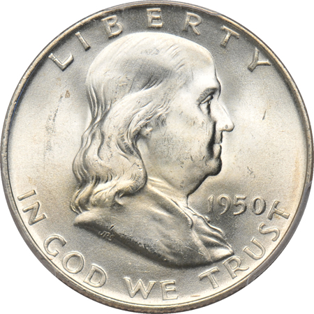 Ten Franklin half-dollars graded MS-65 by PCGS.