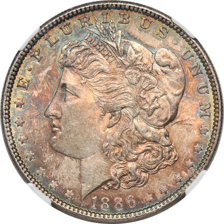 Five toned Morgan dollars graded by NGC.