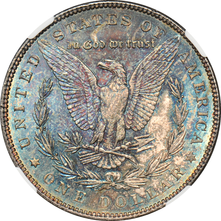 Five toned Morgan dollars graded by NGC.