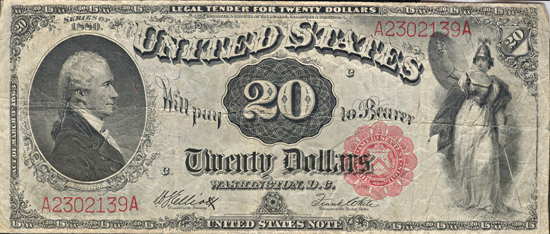 1880 $20 Small Seal Red Numbers. F.