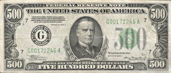 1934-A $500 Chicago VF.