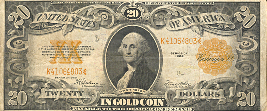 Five 1922 $20 Gold Certificates.