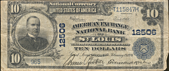 1902 $10 Saint Louis, MO Charter# 12506 Blue Seal. F.