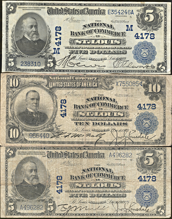 Three 1902 from The National Bank of Commerce, Saint Louis, MO Charter# 4178.