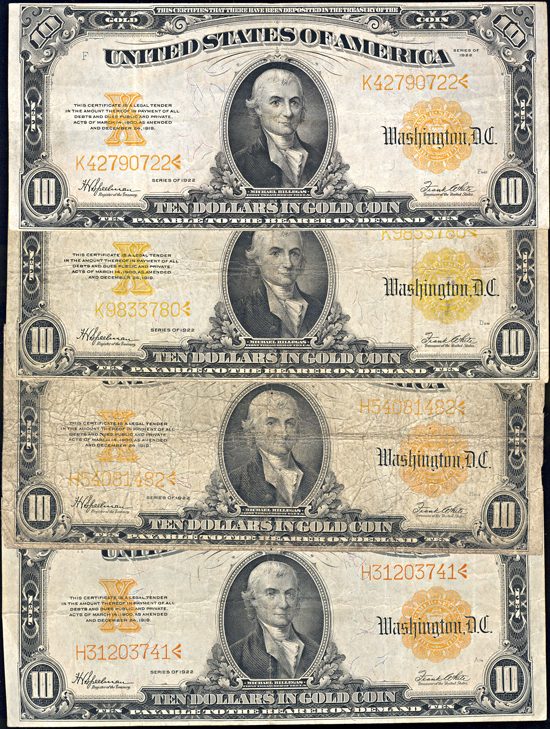 Lot of four 1922 $10 F.