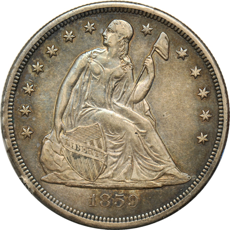 1859-S Seated dollar, and an 1878-S Trade dollar, both XF.