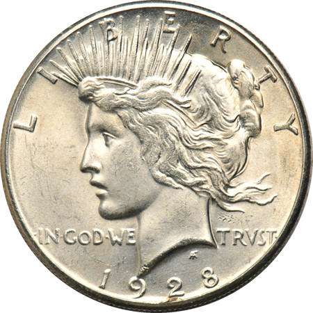 1928 dollar, 1949-S half-dollar, and a 1929 quarter, as described.