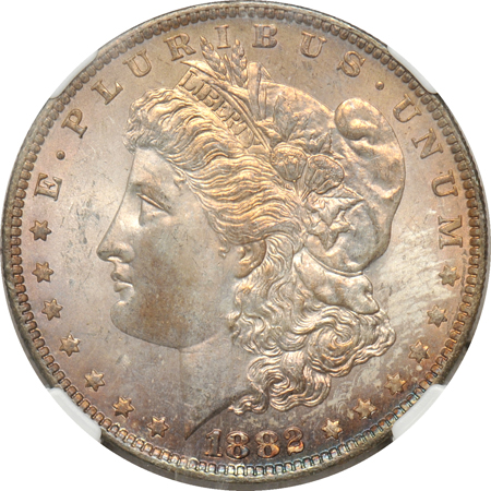 Five different toned Morgan dollars graded MS-64 by NGC.