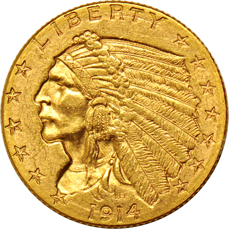 1914-D quarter-eagle and eagle, both AU.