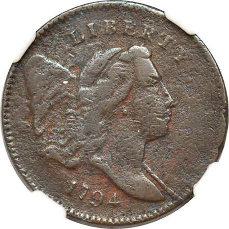 1794 (C-4a) half cent NGC F details/environmental damage, and a 1794 (S-31) large cent NGC VG details/corrosion.