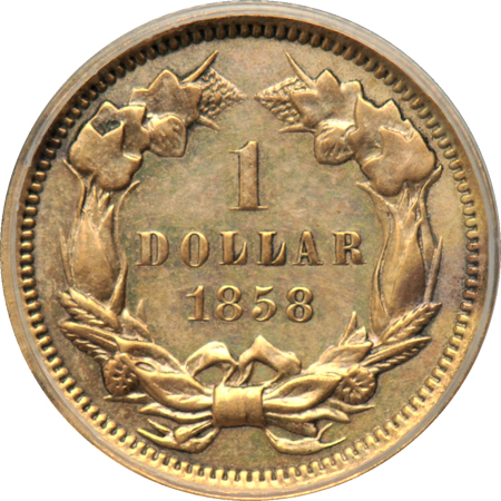 Judd-225:  1858 Gold Dollar Proof, copper, gilt, ANACS.