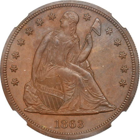 Judd-346:  1863 Seated Dollar "Transitional" Pattern, copper, NGC.