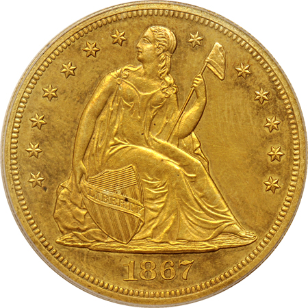 Judd-593:  1867 Seated Dollar Proof, brass, PCGS.