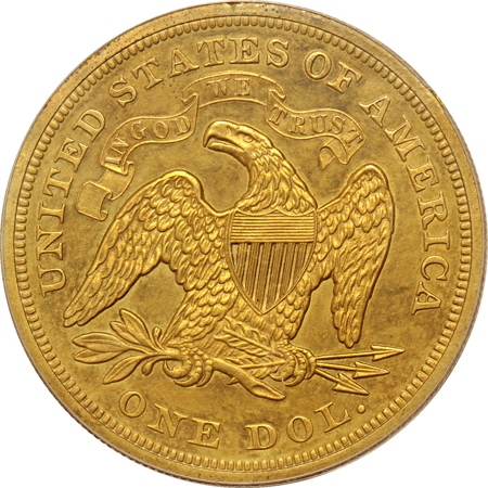 Judd-593:  1867 Seated Dollar Proof, brass, PCGS.