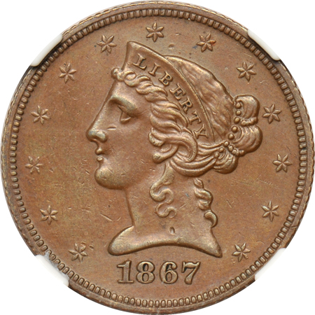 Judd-599:  1867 Half Eagle Proof, copper, NGC.