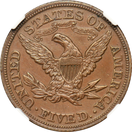 Judd-599:  1867 Half Eagle Proof, copper, NGC.