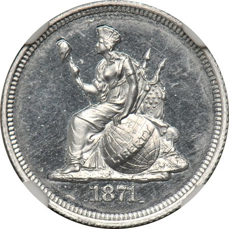 Judd-1079:  1871 10-Cents Pattern, aluminum, NGC CAC.