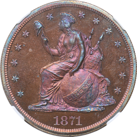 Judd-1147:  1871 Silver Dollar Pattern, copper, NGC.