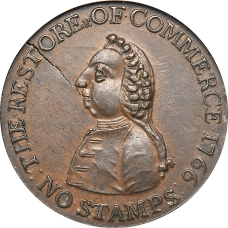 1766 Pitt halfpenny, NGC MS-63 BN.