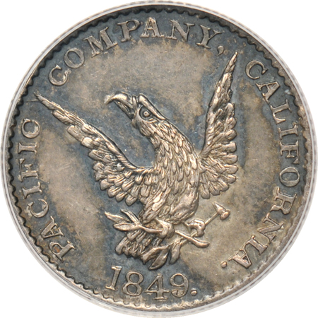 1849 Pacific Company $2.50 Die Trial, silver (Kagin-2), PCGS AU-55.