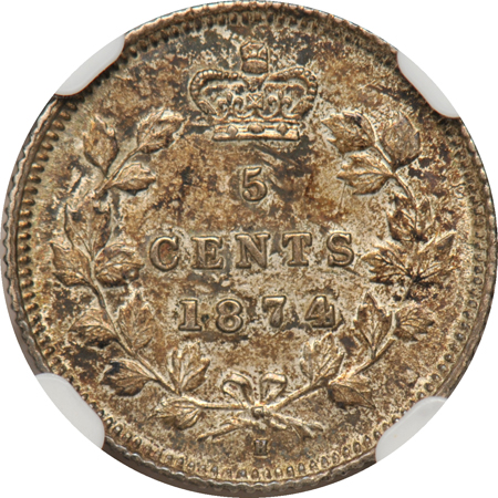 Canada - 1874-H large date, crosslet 4 5c NGC UNC details/surface hairlines.