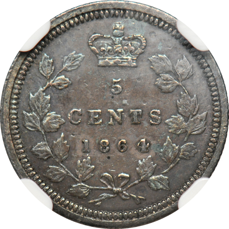 Canada - 1864 small 6 New Brunswick 5c silver NGC AU details/surface hairlines.