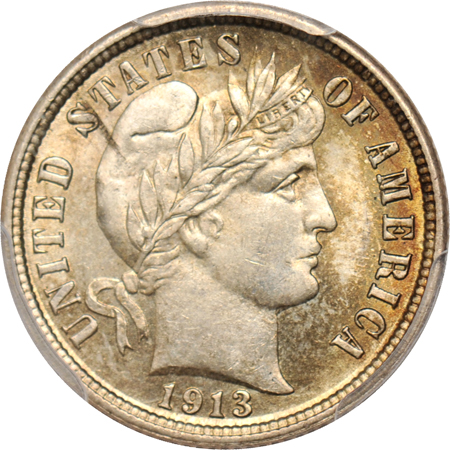 1896 Barber quarter, and a 1913 Barber dime, both PCGS MS-63.