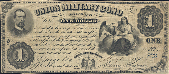$1 Union Military Bond (Cr. UG-31), Jefferson City, MO  PCGS VF-20.