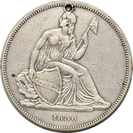 Judd-60:  1836 Gobrecht dollar, alignment I, PF-30 details/holed.